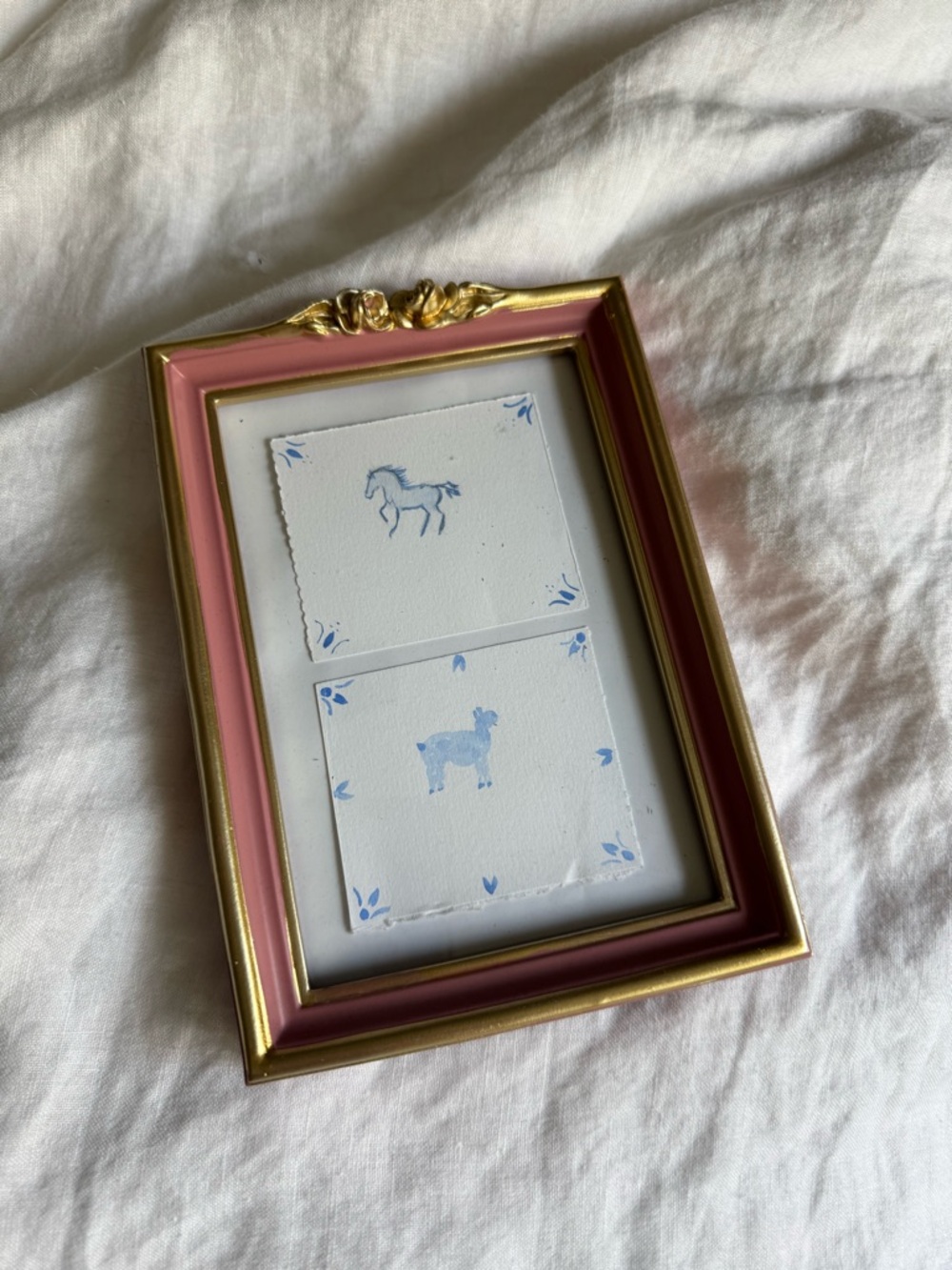 Delft Blue Inspired Artwork in Pink and Gold Decorative Frame